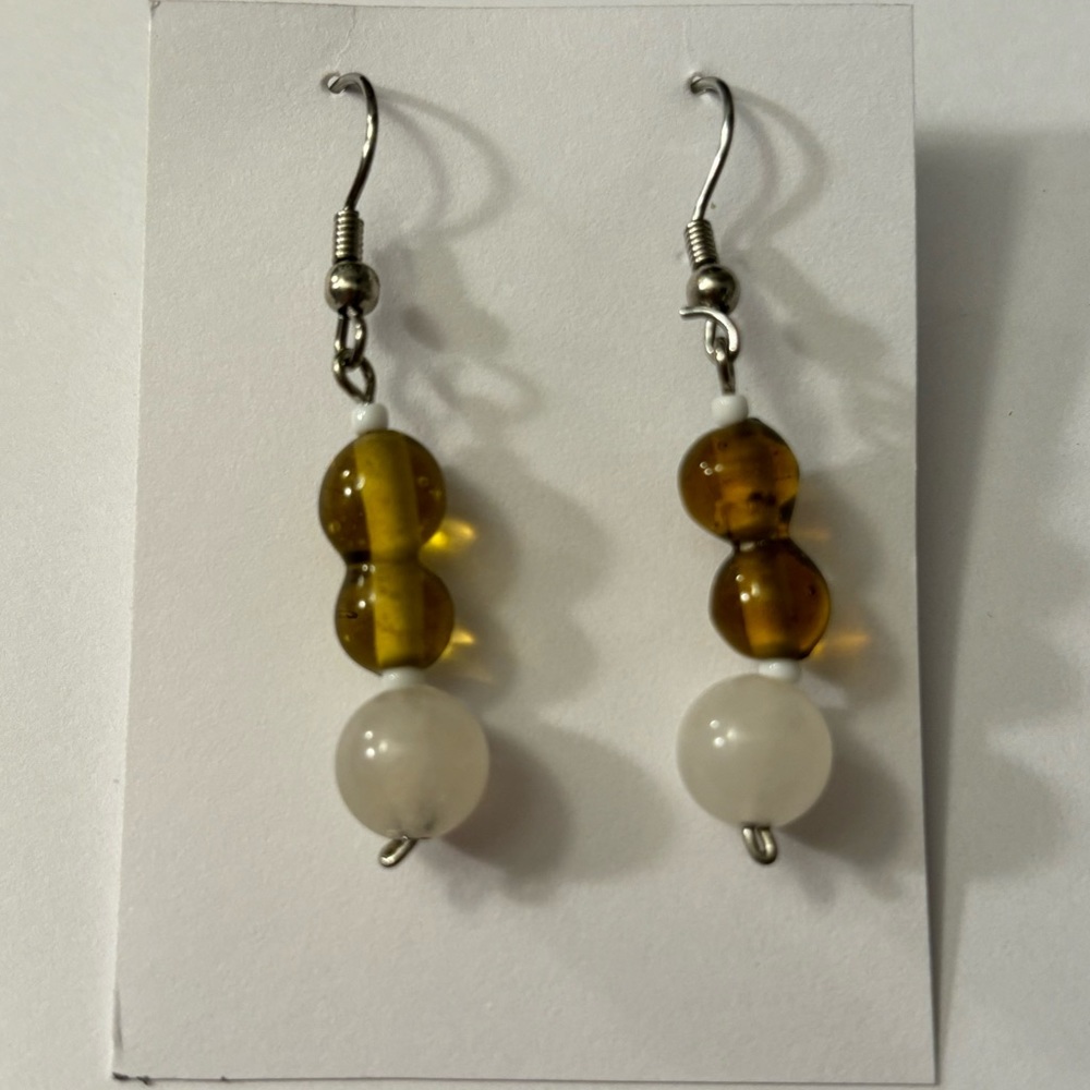 Handmade Handcrafted Beaded Dangle Earrings - yellow / brown & white